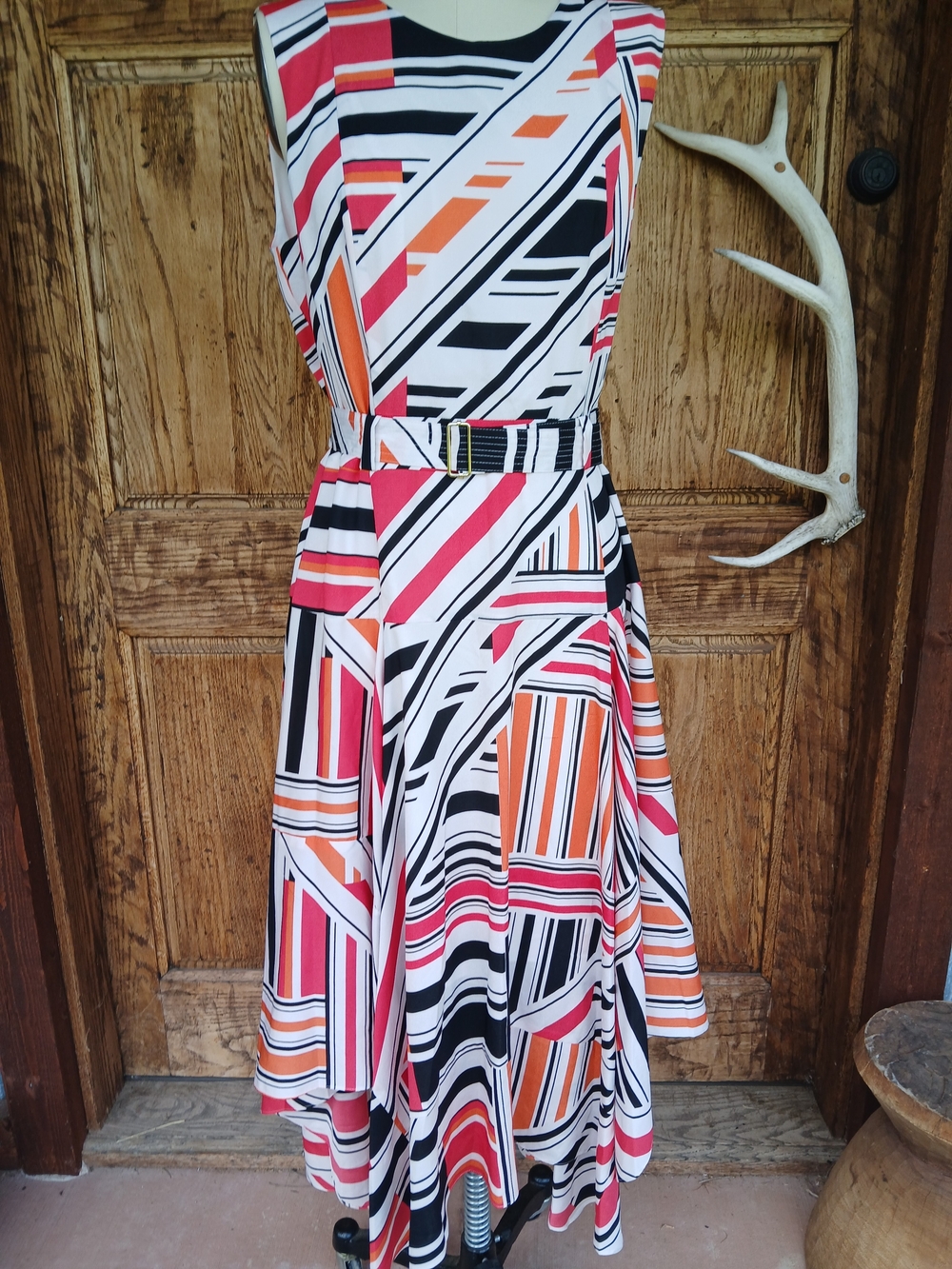 Calvin Klein Belted Handkerchief Dress Sleeveless Geo-Stripe Midi Dress Size 12